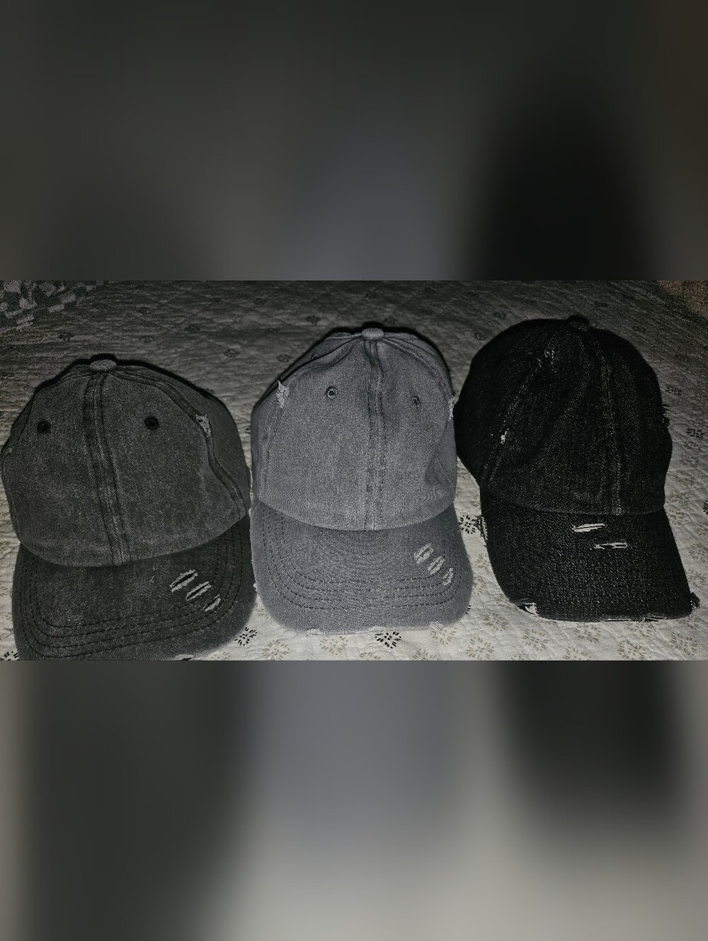 3Distressed Cotton Baseball Caps Trio - Gray & Black